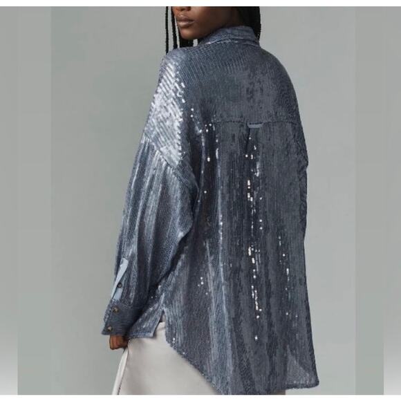 Anthropologie Pilcro Blue Sequin Oversized Button Up Blouse Size XL NEW - Picture 5 of 16